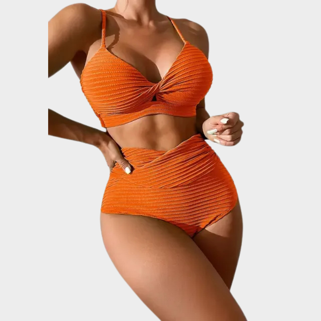 Women Split Bikini Set – High Waist Two-Piece – Supportive Gathered Top – Stretch Fit – Multiple Colours