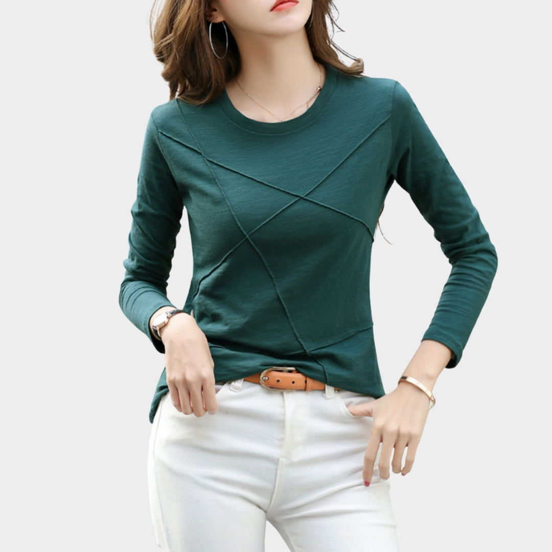 Women’s Long Sleeve T-shirt – O-neck, Loose Fit, Ribbed Bamboo Cotton, White, Blue, Green, Purple