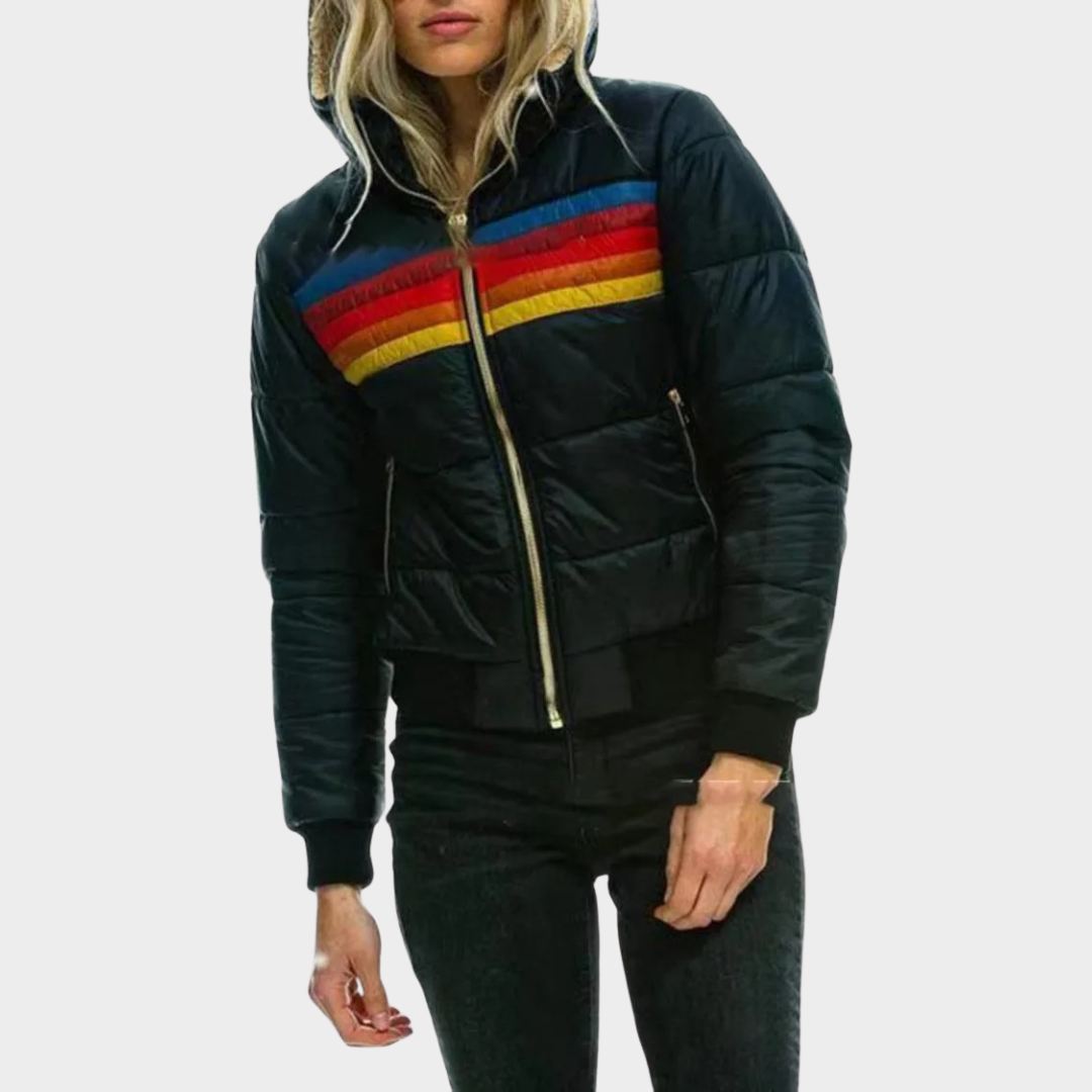 Women Hooded Puffer Jacket – Casual Printed Cotton Coat Waterproof Colour Block Outerwear Regular Fit Polyester Insulation – Multiple Colours