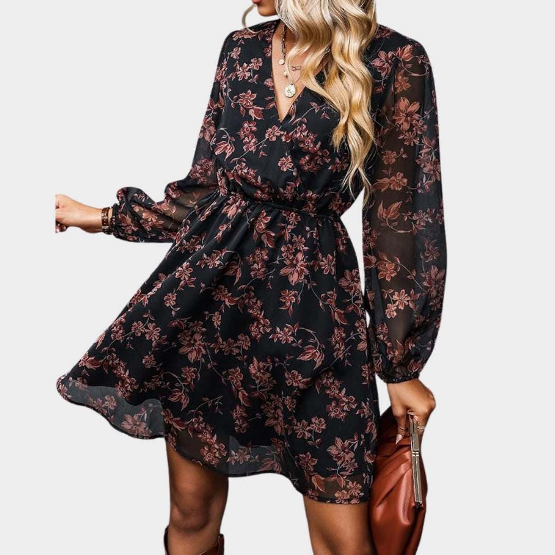 Women's Floral Chiffon Dress - A-Line - Long Peasant Sleeves - Lightweight & Flowy - Multiple Colours