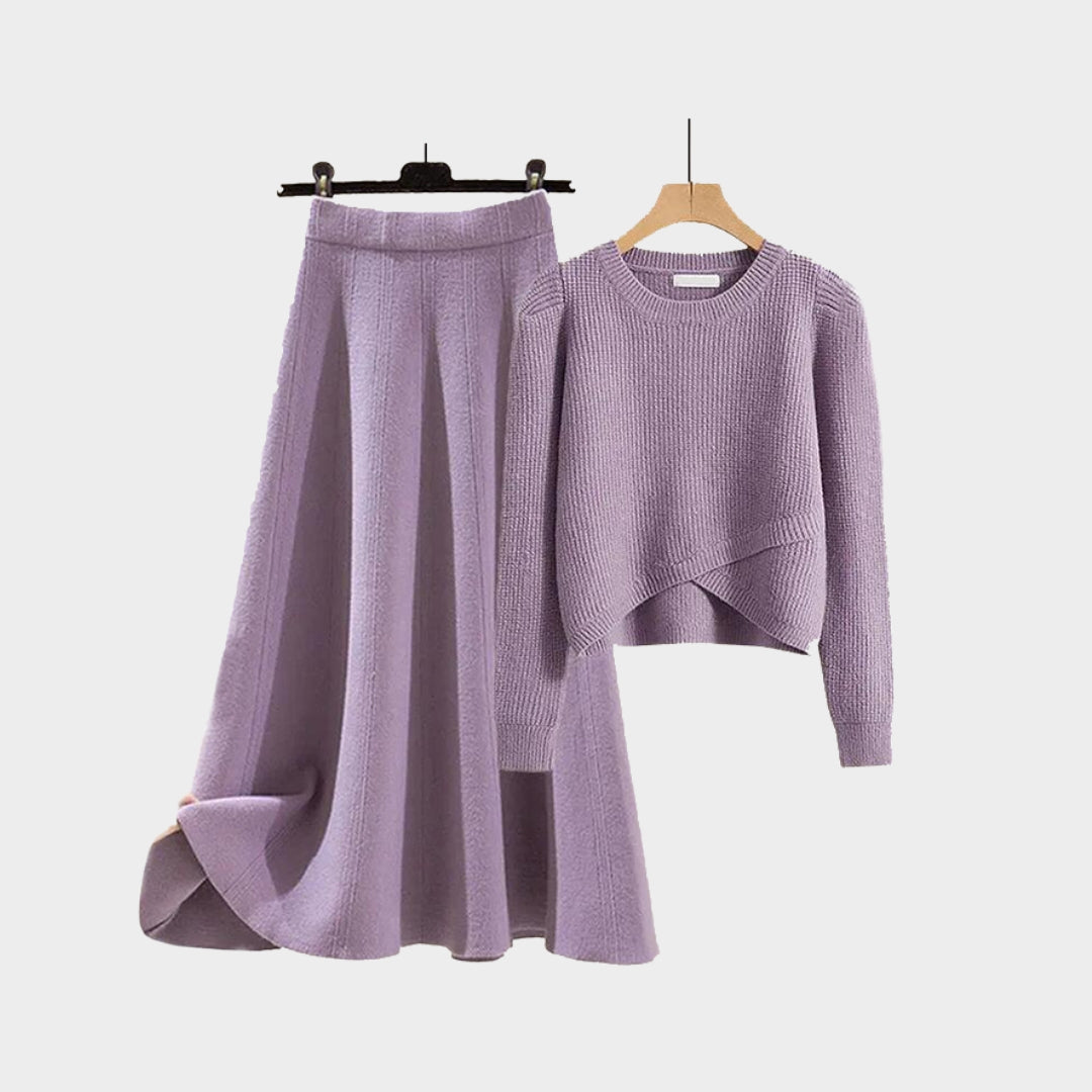 Women’s Two-Piece Skirt Set - Knitted Pullover Sweater + High Waist A-Line Skirt, Autumn/Winter, Stylish and Cozy
