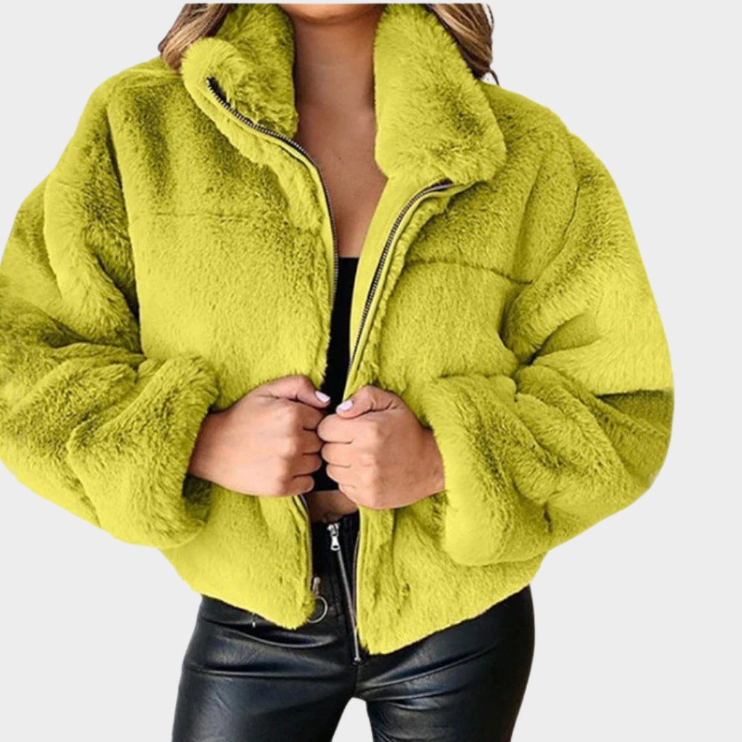 Women Faux Fur Jacket – Short Plush Coat with Turn Down Collar Slim Fit Outwear – Multiple Colours