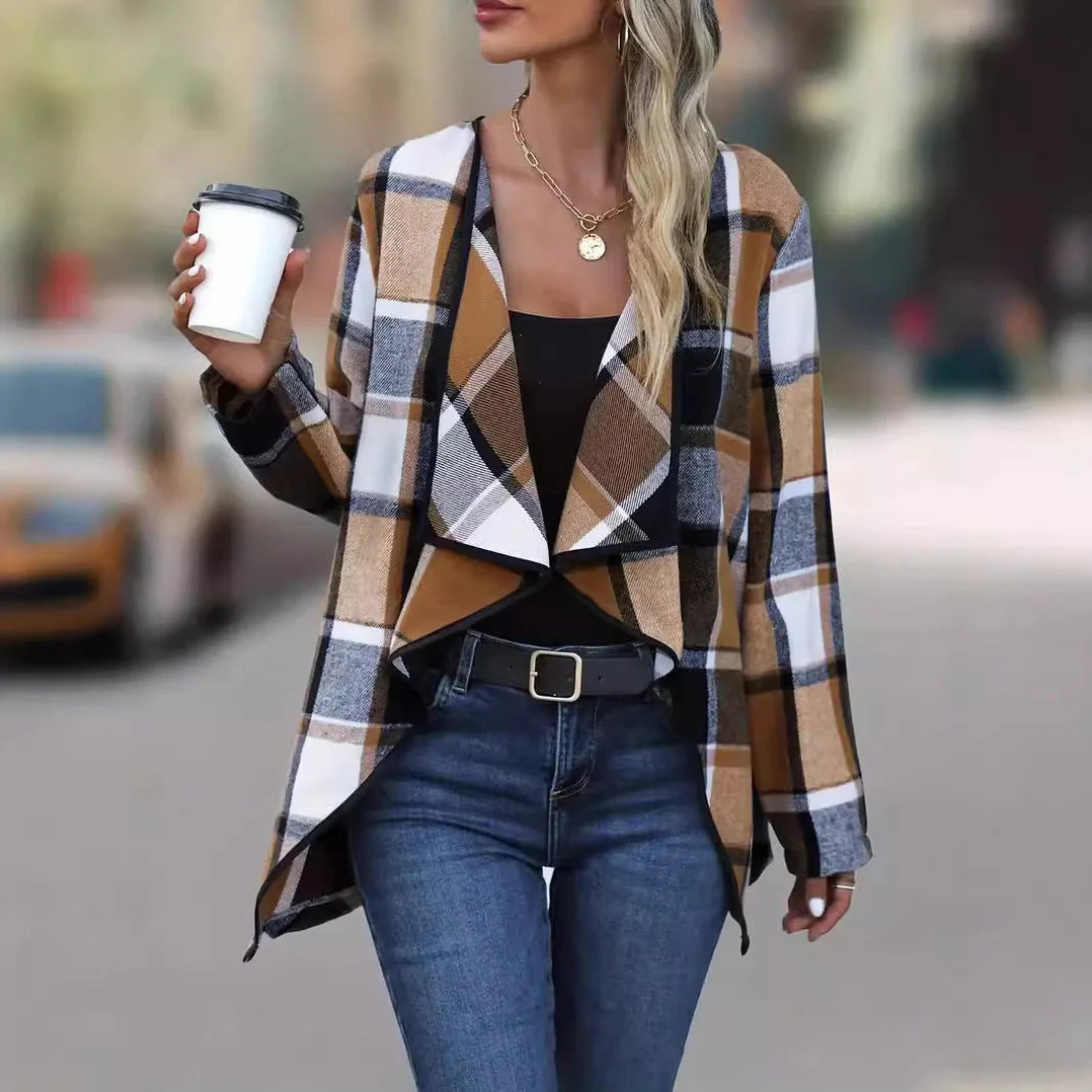 Women’s Open-Front Coat – Relaxed Fit Draped Style – Soft Feel – Plaid Pattern – Multiple Colours