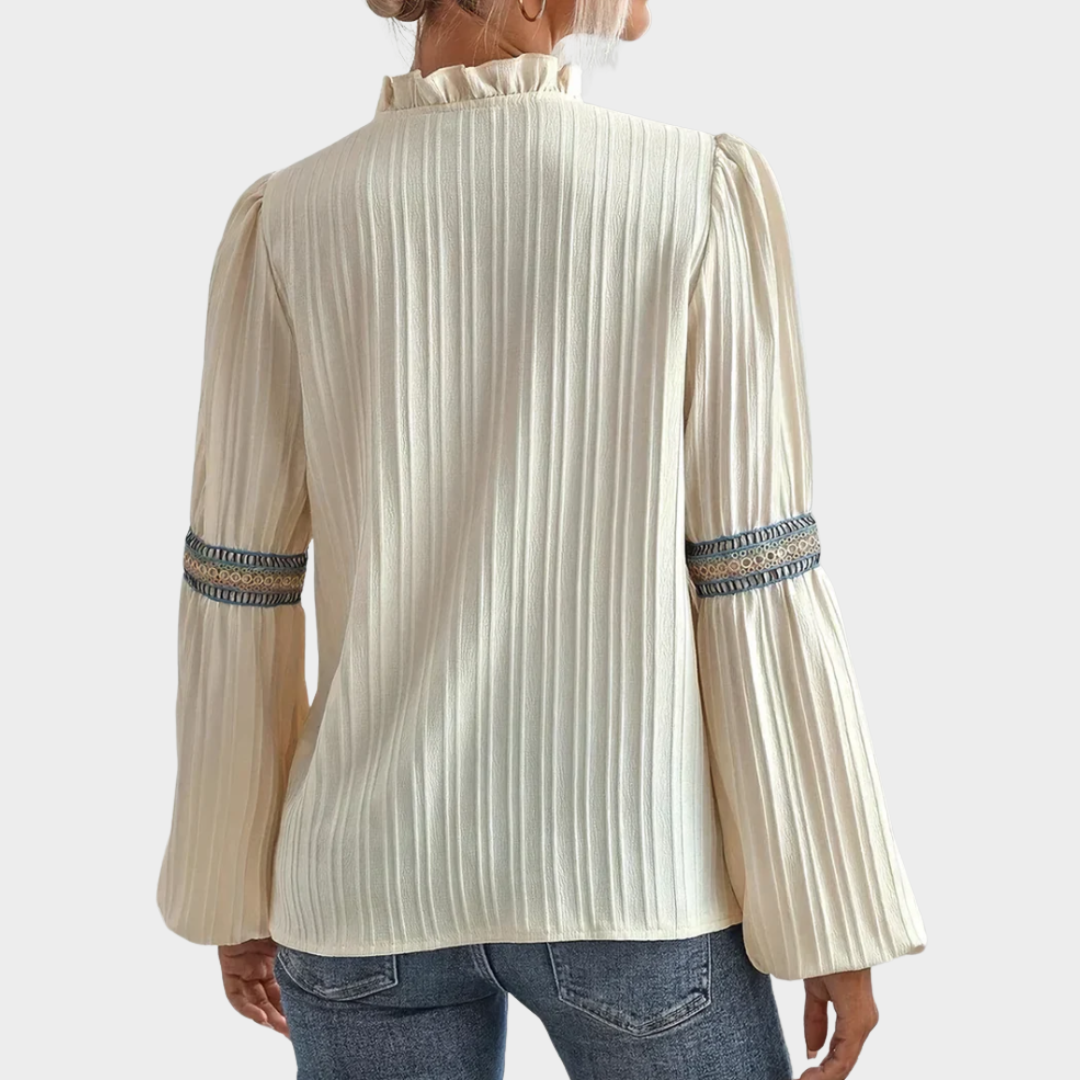 Women's V-Neck Blouse – Bubble Sleeve Shirt – Color Blocked Party Top – Apricot