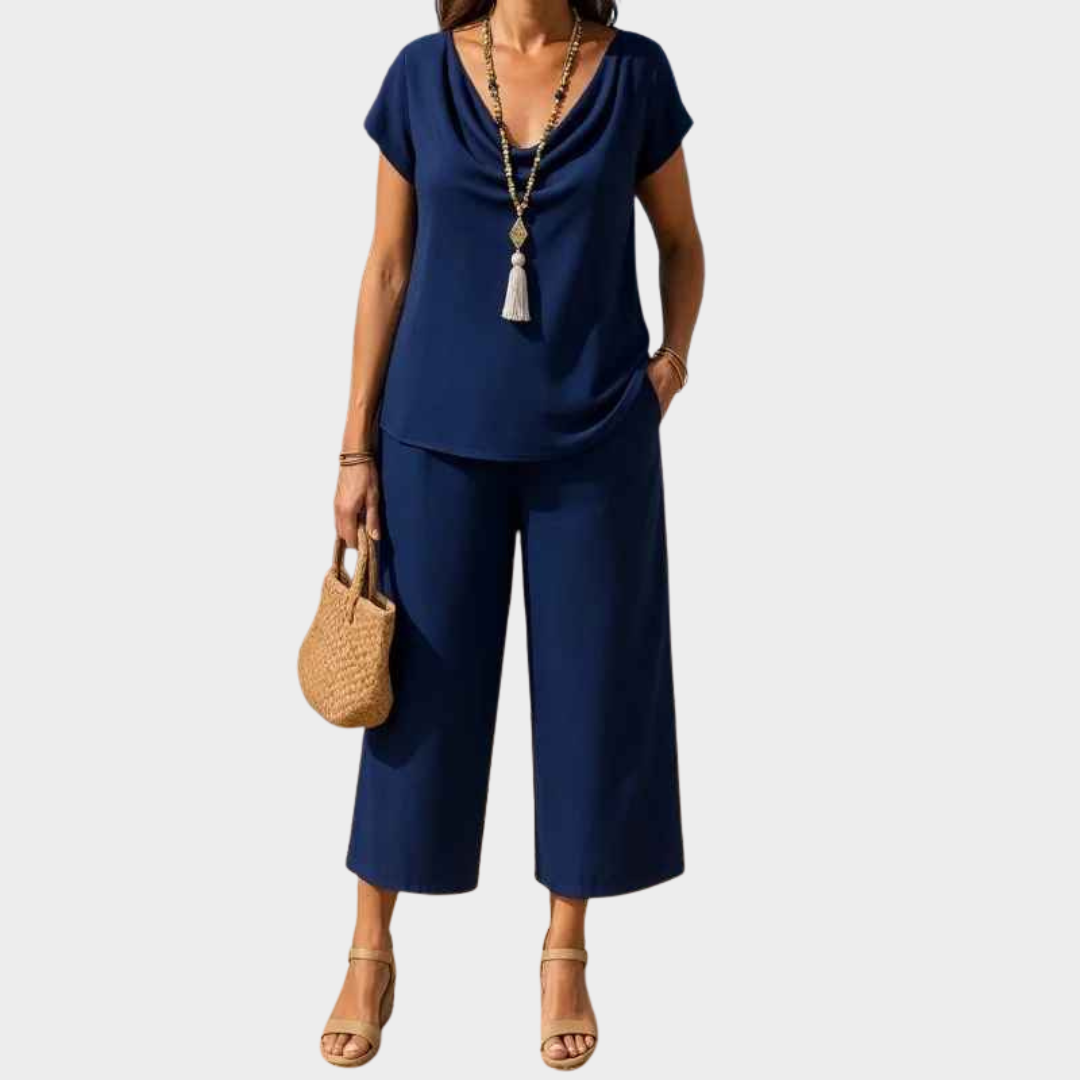 Women Two Piece Set – Casual Pile Collar Pullover with Short Sleeves and Pocket Split Pants Cotton Blend – Multiple Colours