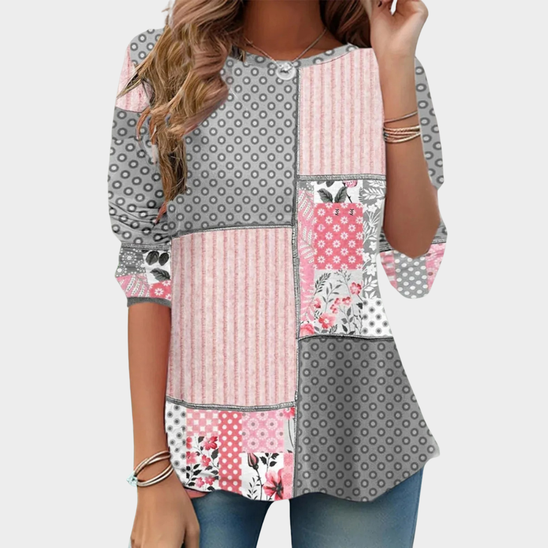 Women’s Vintage Plaid Long Sleeve T-Shirt – Polyester Crew Neck Casual Top – Relaxed Fit Lightweight Printed Blouse – Multiple Colours
