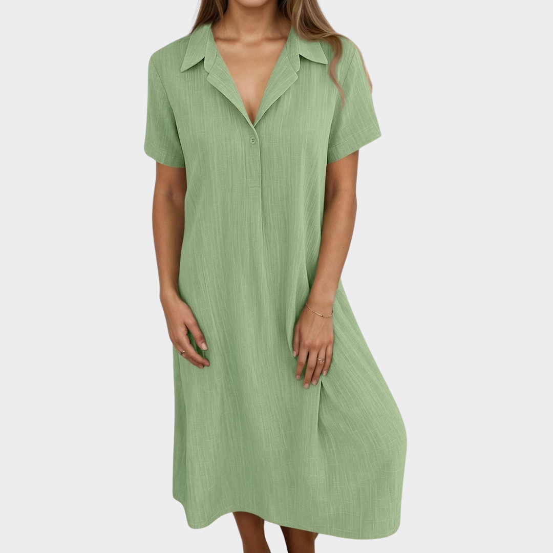 Women's Solid V-Neck Shirt Dress – Short Sleeve Button Detail – Loose Pullover Fit – Cotton-Polyester Blend – Multiple Colours