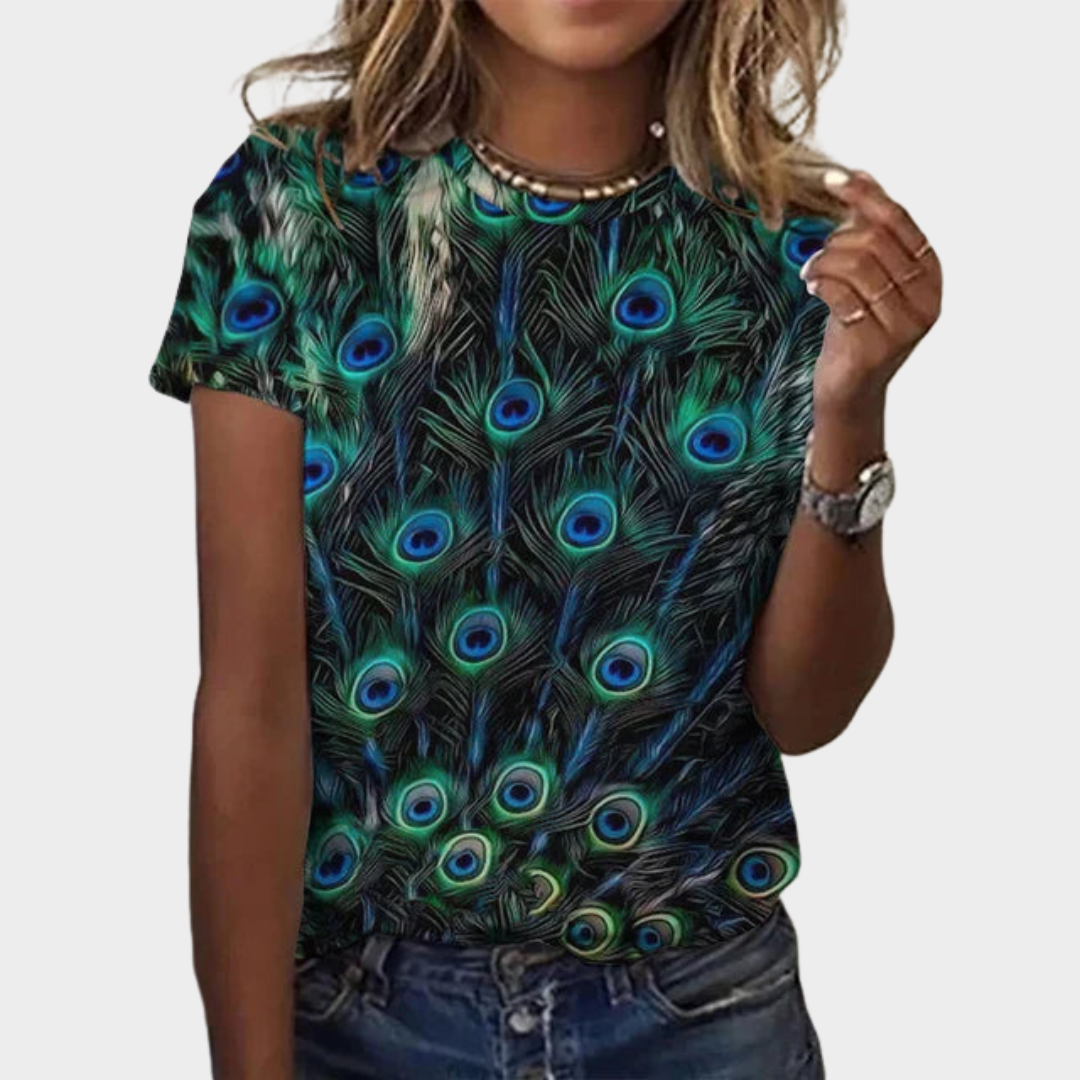 Women’s 3D Peacock Feather Print T-Shirt – Round Neck Casual Short Sleeve Graphic Tee – Lightweight Relaxed Fit – Multiple Colours