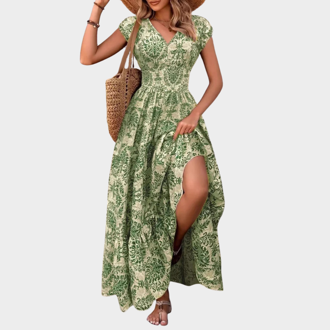 Women’s Chic V-Neck Shirred Boho Dress – Lightweight Flowing Midi Style – Comfortable Fit with Timeless Boho Elegance – Multiple Colours