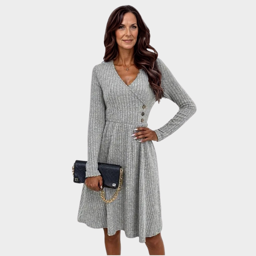 Women's Fall Winter Sweater Dress – V-Neck A-Line Knitted Midi Dress with Long Sleeves, Light Grey