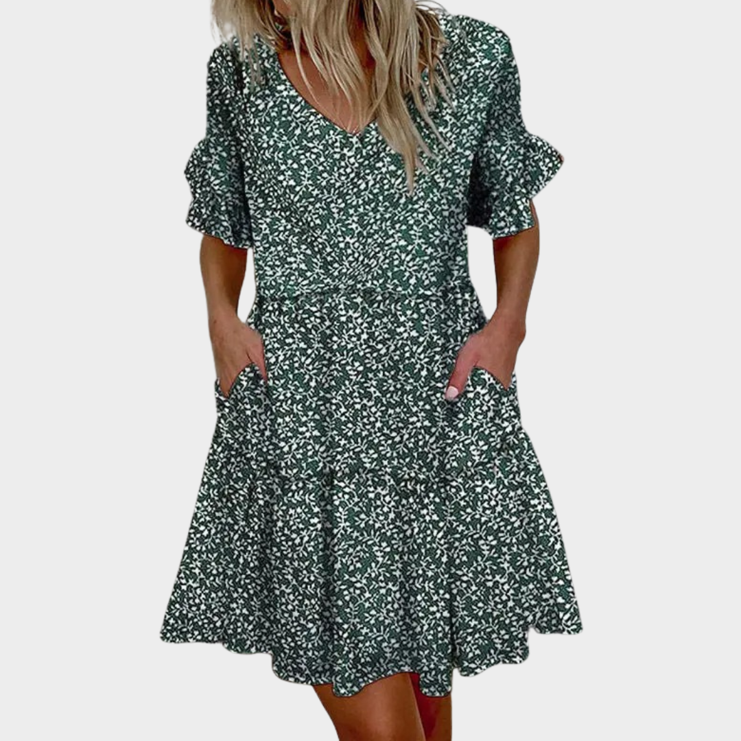 Women’s Floral Mini Dress – V-Neck Short Sleeve Fit – Loose Ruffle Design with Pockets – Lightweight Soft Fabric – Casual Elegant Look – Multiple Colours