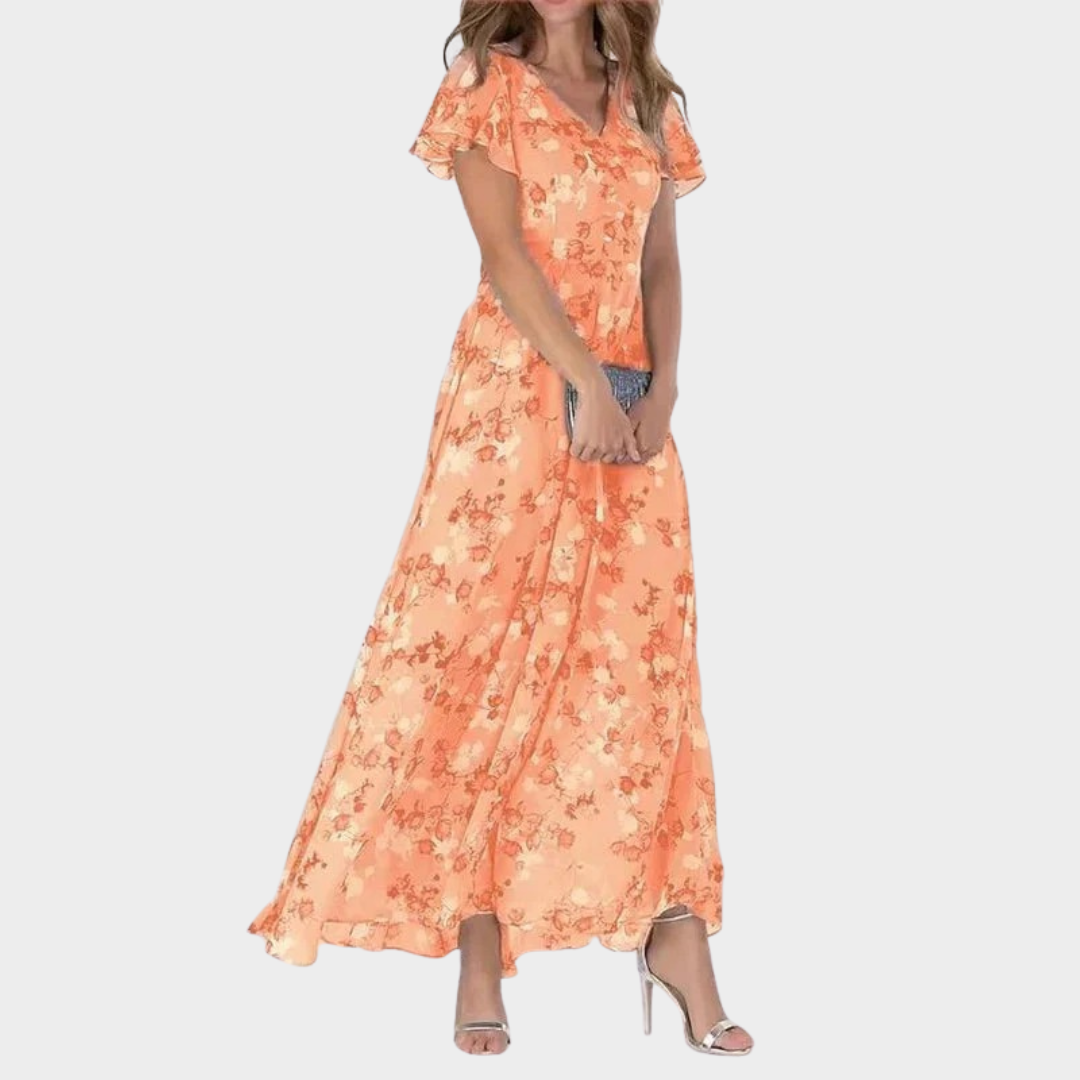 Women’s Elegant V-Neck Maxi Dress – Floral Print Chiffon Long Fit – Casual Beach Party Style – Multiple Colours