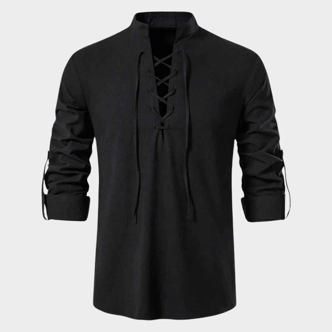 Men's Cotton Linen Shirt - Long Sleeve Casual T-Shirt - Drawstring Neck - Relaxed Fit - Multiple Colours