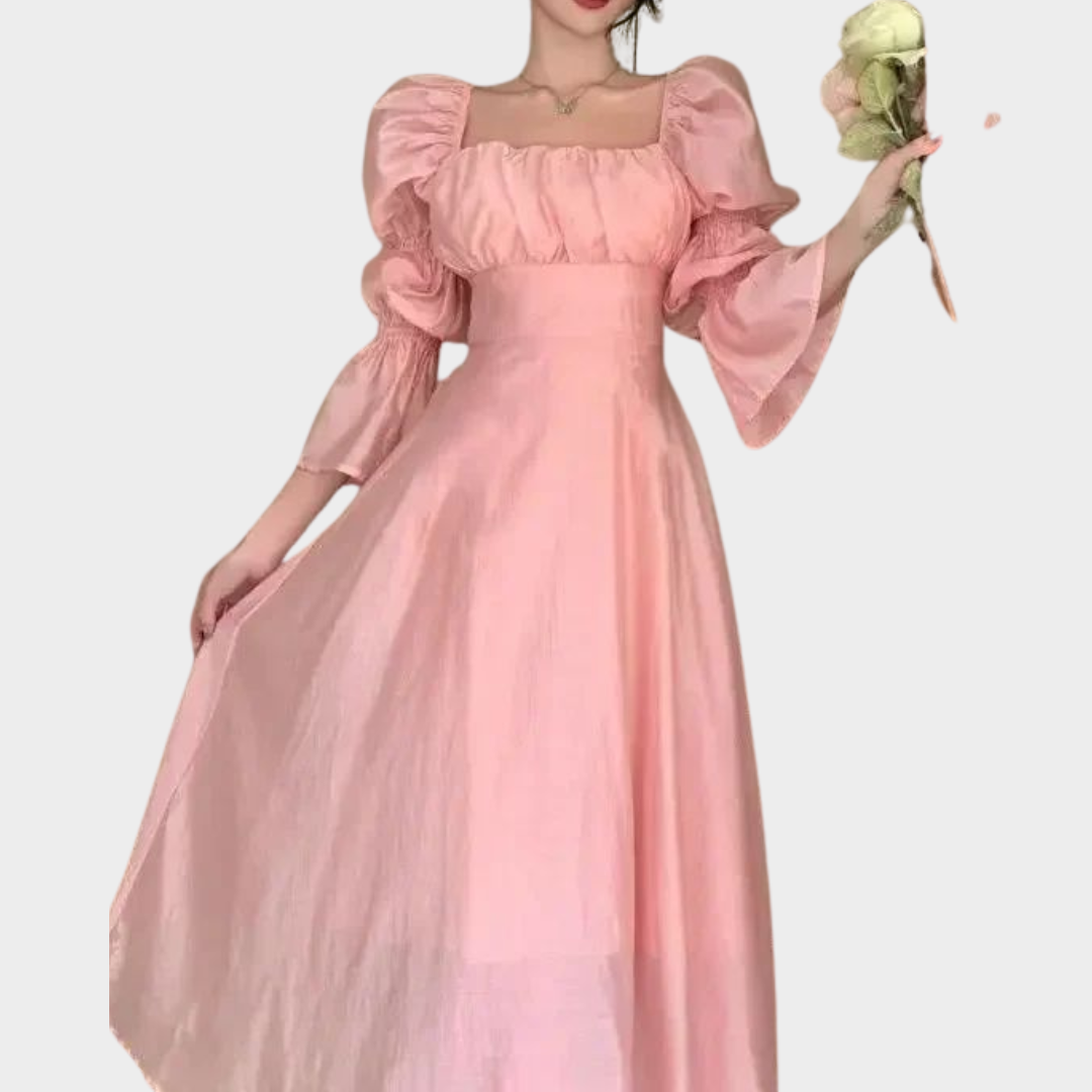 Women's Elegant Chiffon Bandage Dress – Puff Sleeve – Long Flowing Fit – Pink