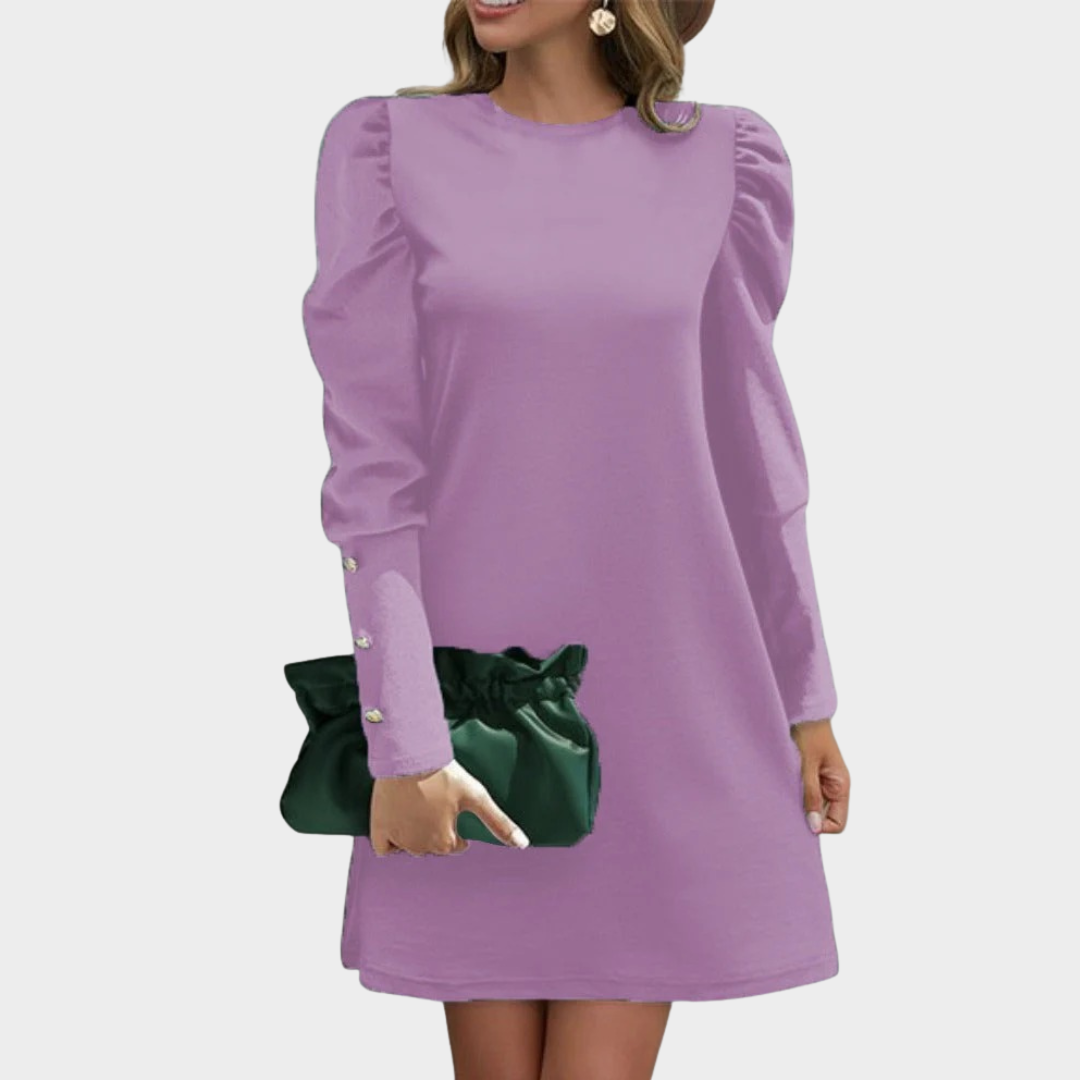 Women’s Dress – Elegant Puff Sleeve Button Detail Round Neck Solid Style – Multiple Colours