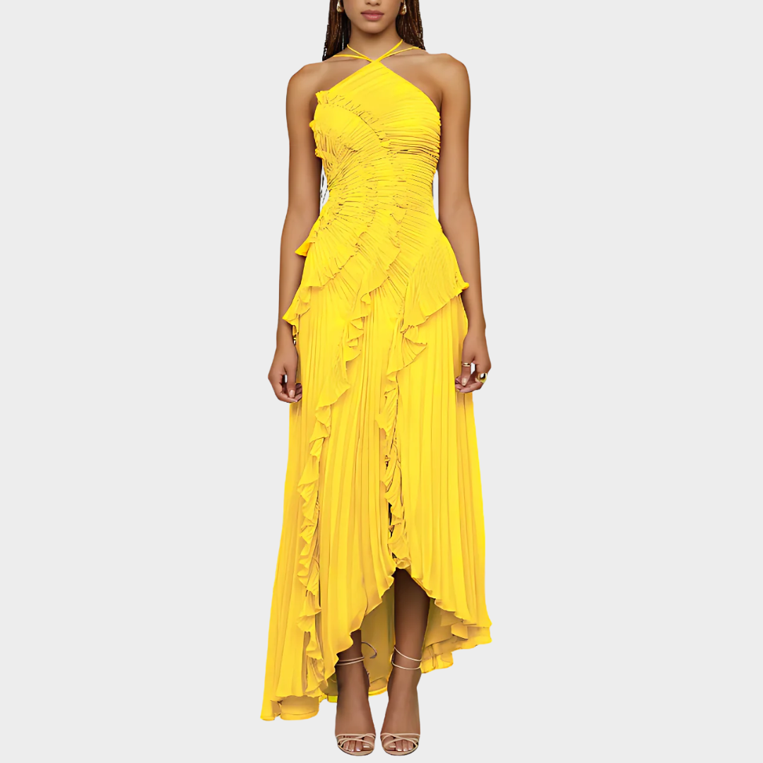 Women Pleated Frill Halter Neck Maxi Dress – Elegant Sleeveless High Stretch Dress with Asymmetrical Hem and Flowing Pleated Texture – Multiple Colours