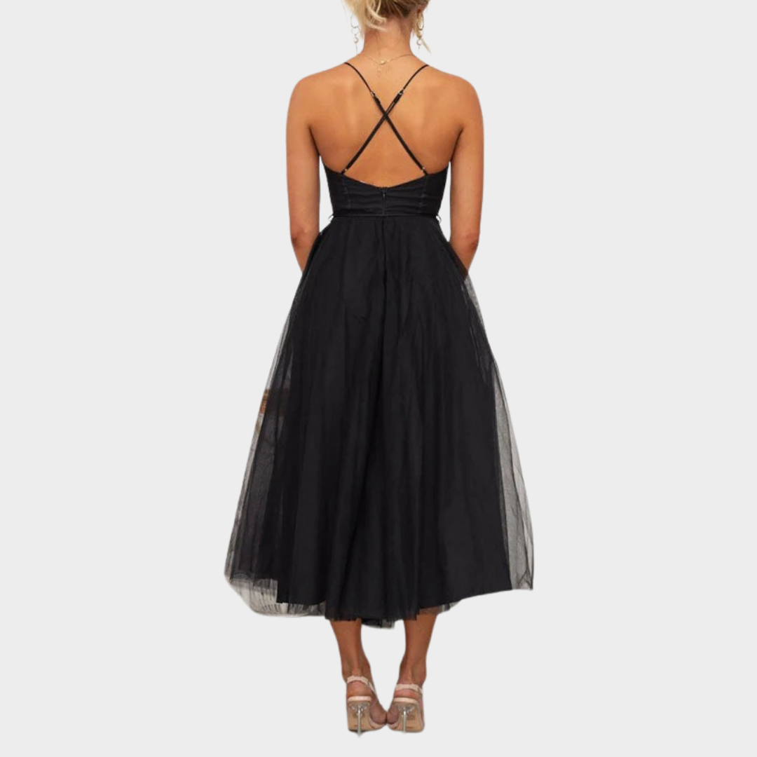 Women’s Long Backless Chiffon Dress – Spaghetti Strap Party Gown with Low Cut Lace-Up Back – Lightweight Mesh Fit – Multiple Colours