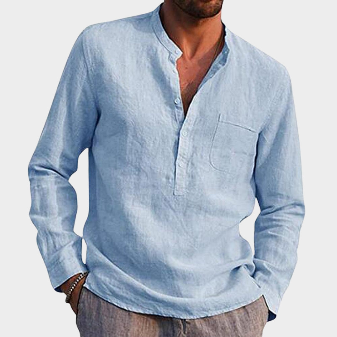 Men's Long-Sleeve Shirt - V-Neck - Button Pocket Design - Cotton - Casual Fit - Multiple Colours