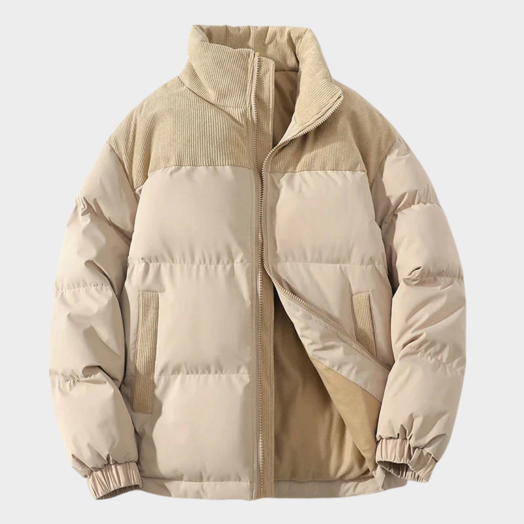Men’s Puffer Jacket – Quilted Relaxed Fit Coat with Corduroy Yoke and Zip Front – Multiple Colours