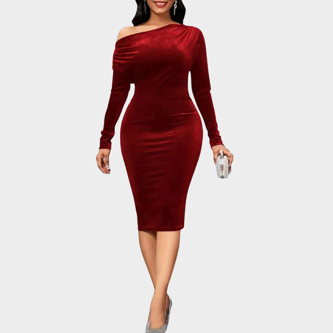 Women’s Velvet Off-Shoulder Bodycon Dress – Long Sleeve Slim Fit Knee-Length Elegant Evening Party Wear – Red