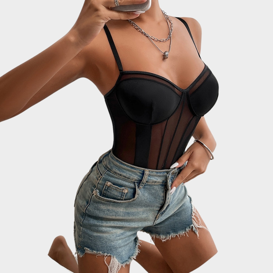 Women's Sheer Mesh Corset Bodysuit - Adjustable Straps - Padded Bustier Top - Slim Fit & Supportive