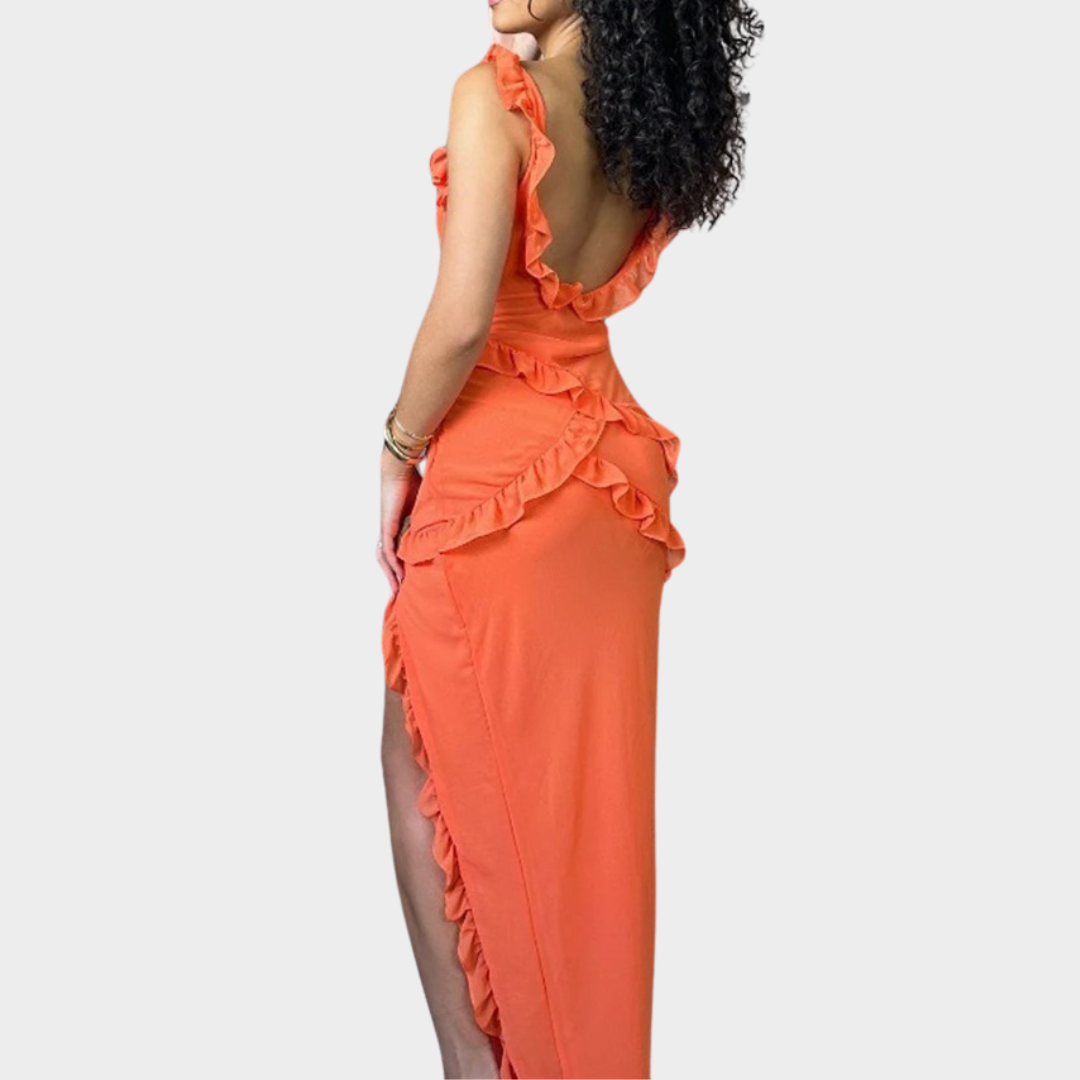 Women’s Deep V-Neck Flounce Maxi Dress – Backless Sleeveless Party Dress – Elegant Flowing Fit – Orange