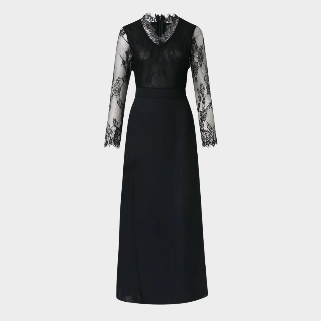 Women’s V-Neck Lace Party Dress – Elegant Long Fit – High Split Detail – Mesh Jacquard Fabric – Lightweight Formal Style – Black