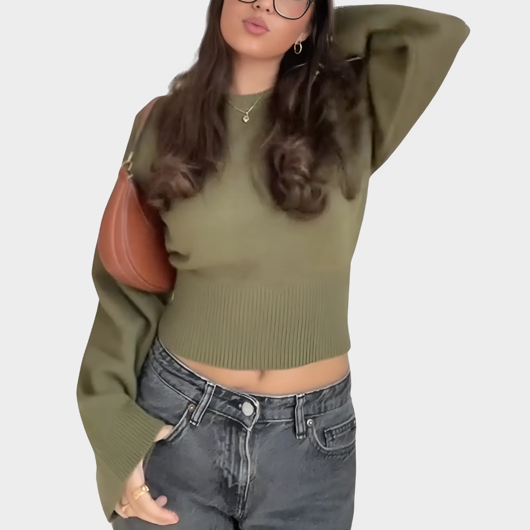 Women's Knitted Crop Sweater – Slim Fit – O-Neck – Long Sleeve – Green