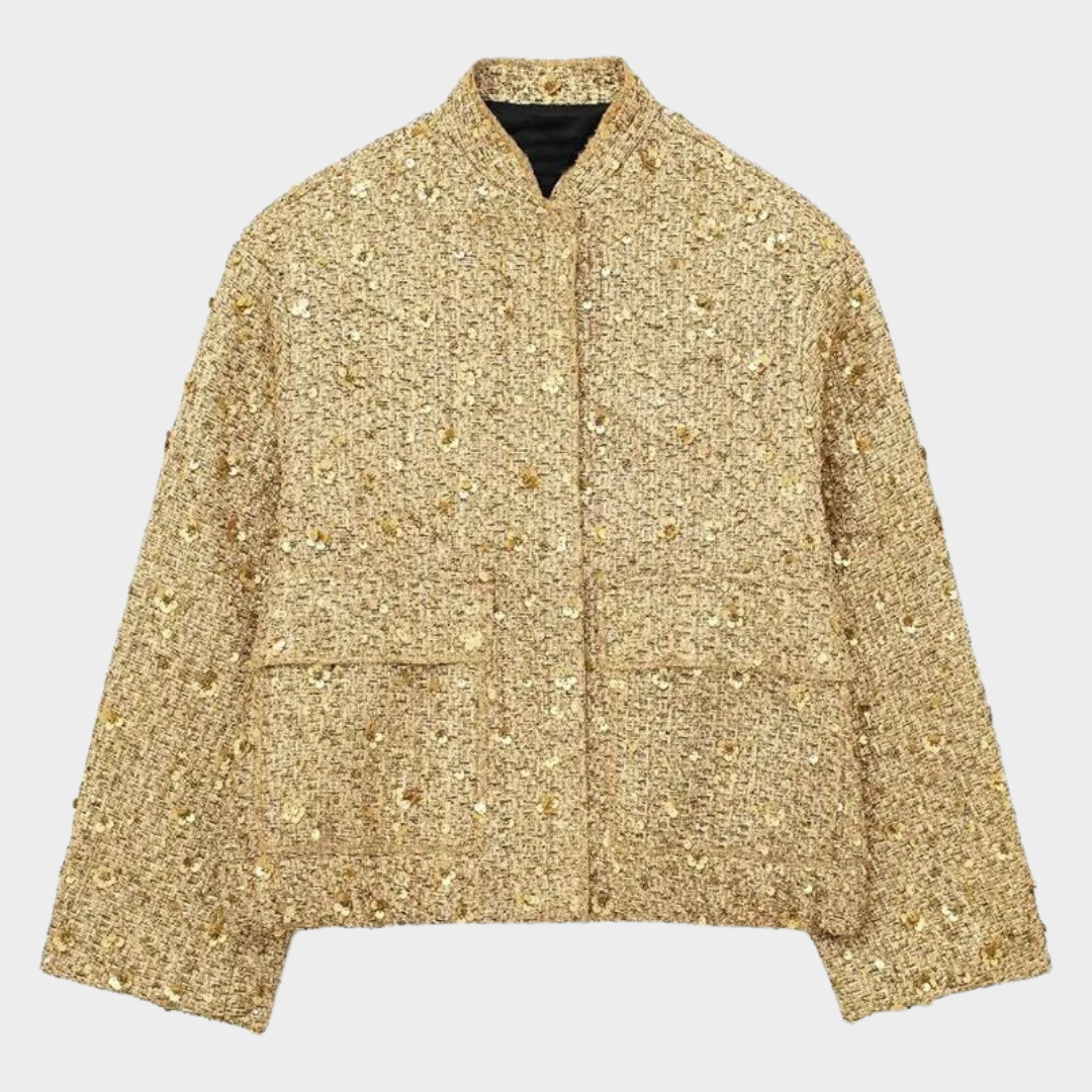 Women's Sequined Bomber Jacket – Long Sleeve – Zip-Up – Stretch Hem – Chic Outerwear – Multiple Colours