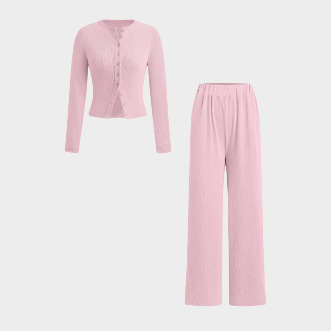 Women Two Piece Set – Solid Ribbed Crop Top with Button Front and Elastic Waist Pants – Casual Matching Outfit Comfortable Y2K Style – Multiple Colours