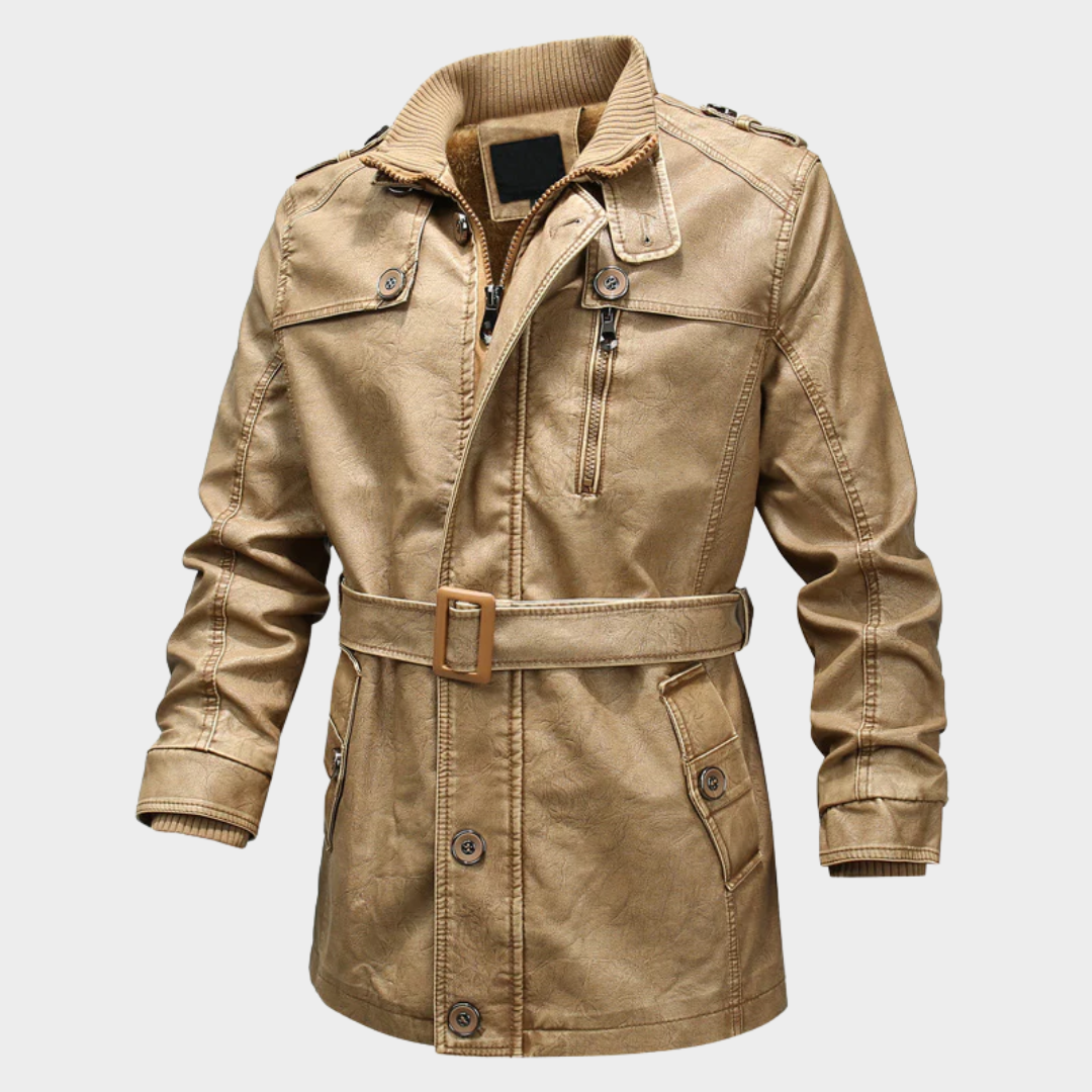 Men’s Belted Trench Coat – Washed Leather Look PU Jacket with Plush Lining and Asymmetrical Zip – Multiple Colours