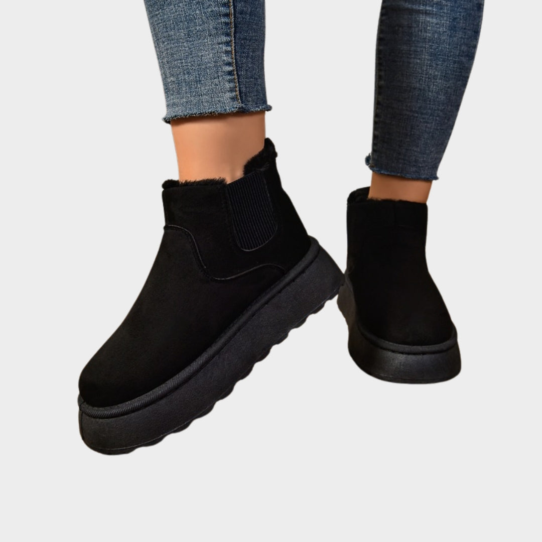 Women’s Short Plush Warm Chelsea Boots - Winter Suede Fur Ankle Platform Flats, Beige, Black,  and More