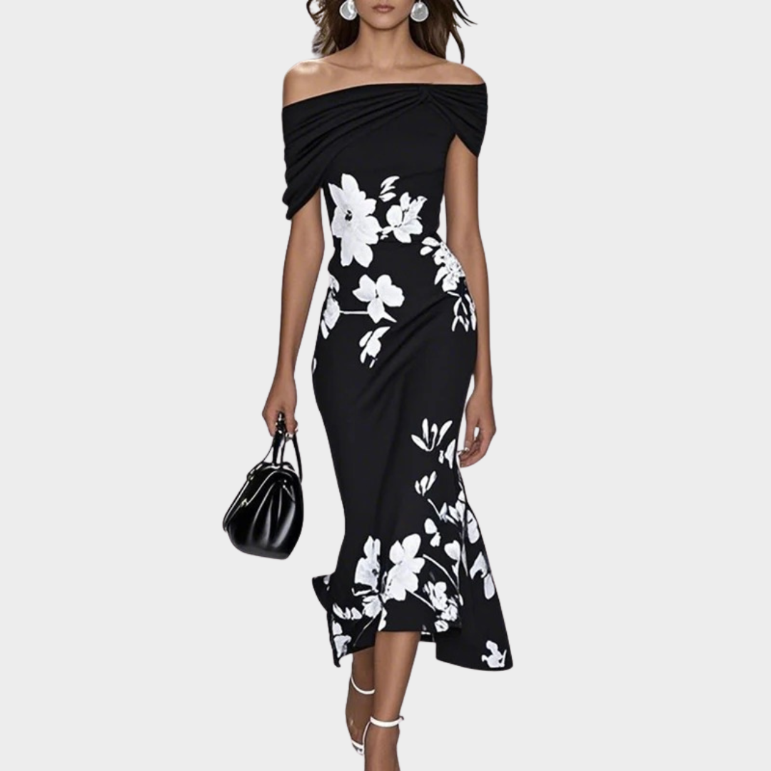 Women’s Off Shoulder Floral Print Long Dress – Slim Fit Party Style with Short Sleeves – Multiple Colours