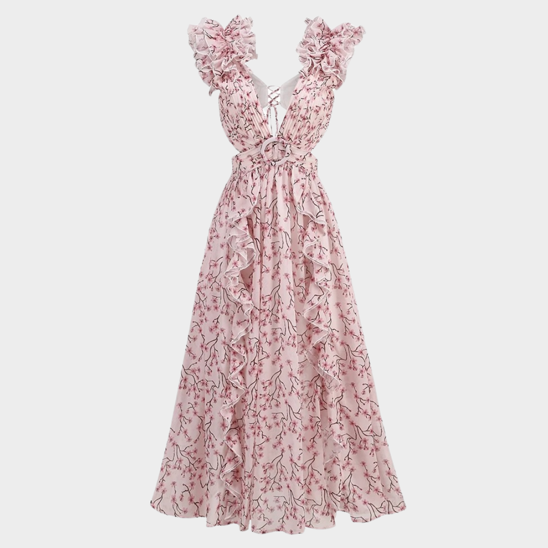 Women’s Sleeveless Long Dress – Deep V Neck with Floral Print and Ruffle Detail – Hollow Out Waist, Split Skirt – Lightweight Fabric – Multiple Colours