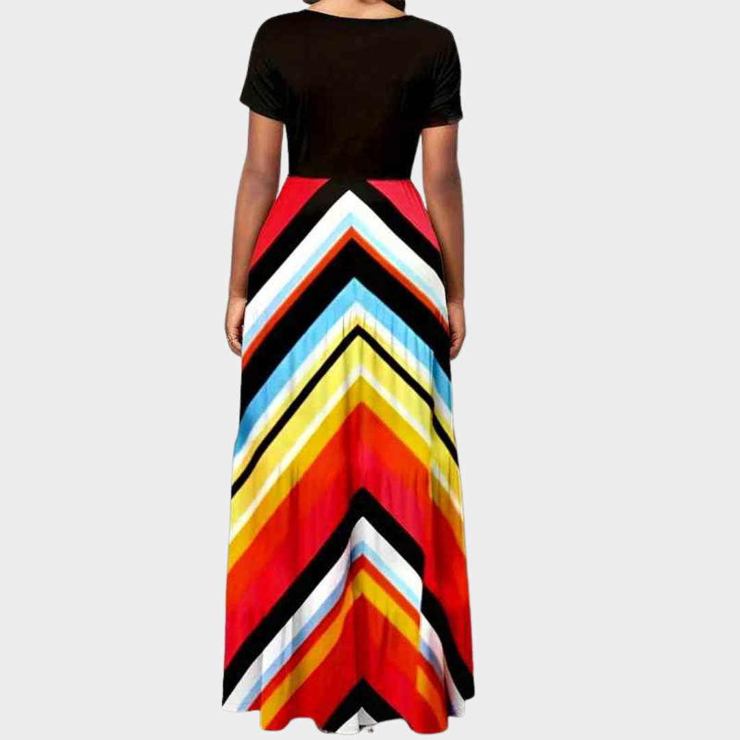 Women's Long Dress – Short Sleeve Round Neck with Striped Casual Fit – Black