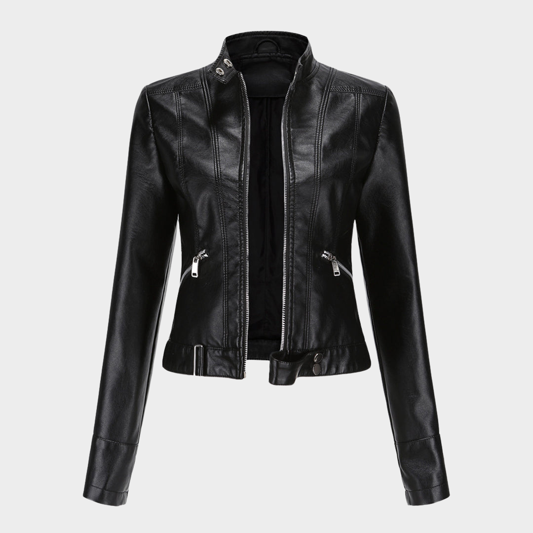 Women's Slim Fit Leather Jacket – Short Length – Stand Collar – Stylish Outerwear – Multiple Colours