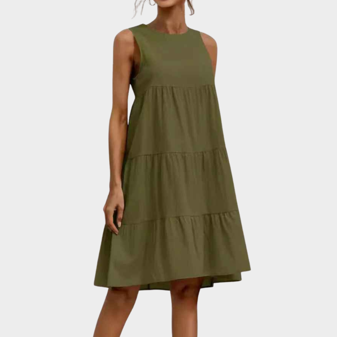 Women Sleeveless Midi Dress – Cotton Linen Loose Fit with Round Neck and Patchwork Design – Multiple Colours
