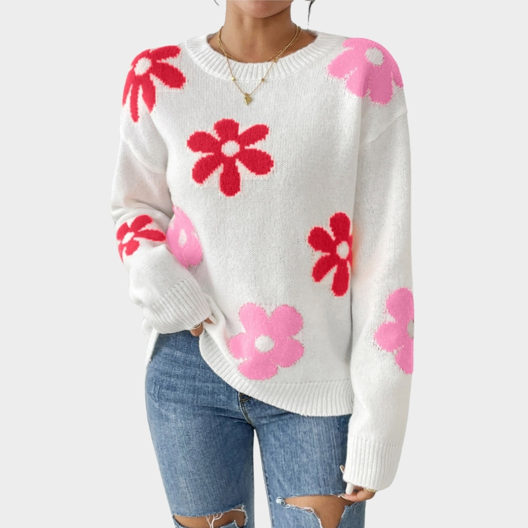 Women’s Crew Neck Sweater - Slim Fit, Loose Long Sleeve Top, White, Red