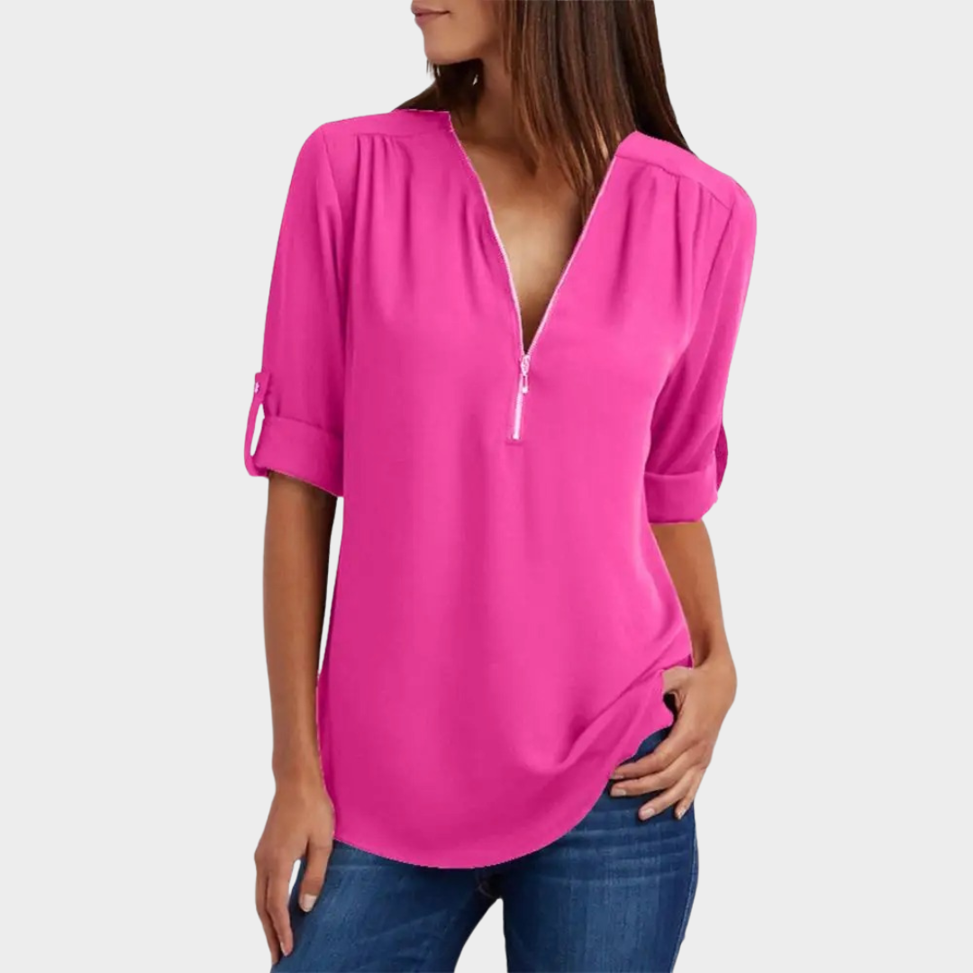 Women’s Loose Fit Chiffon Blouse – Zipper V-Neck – Half Sleeve Lightweight Shirt – Multiple Colours