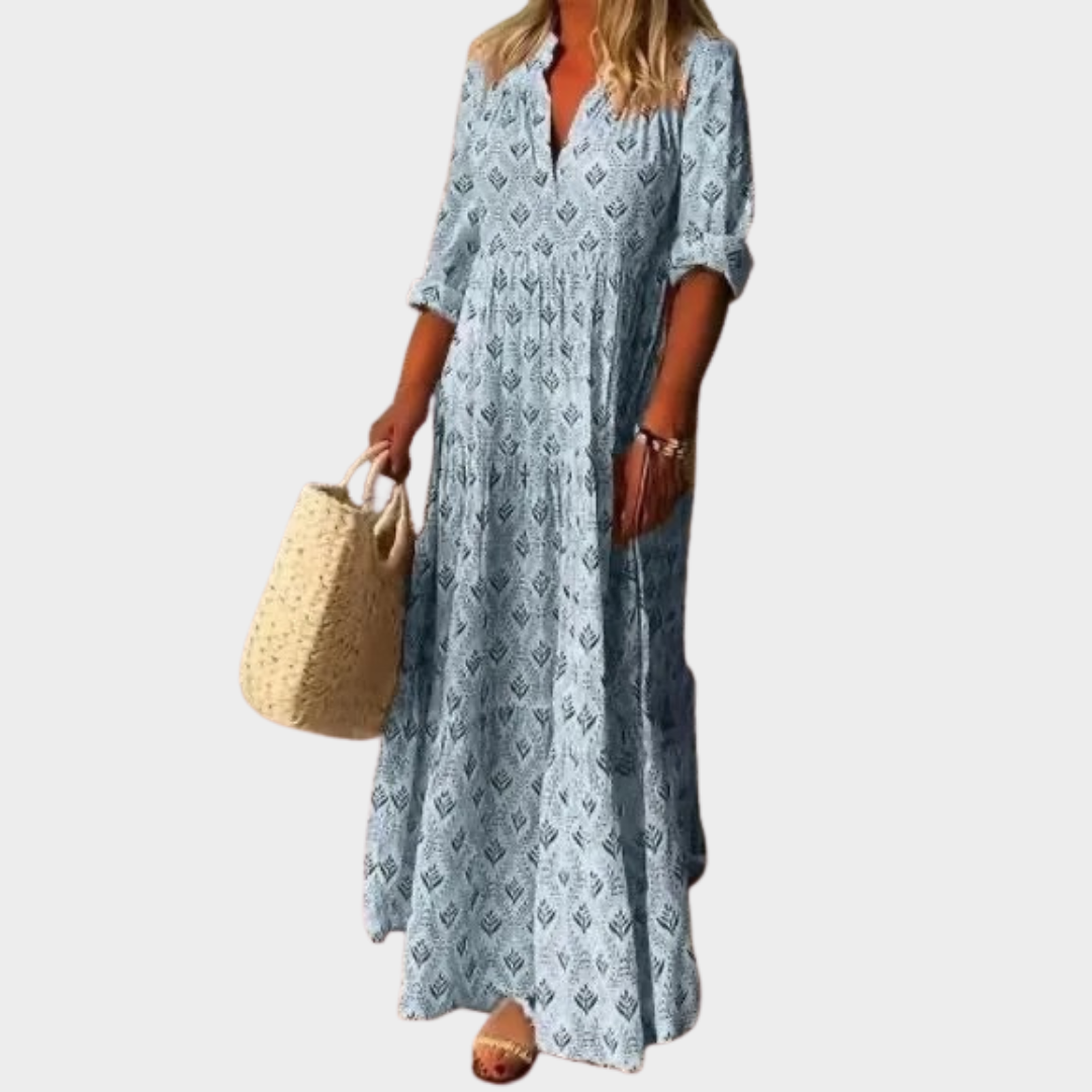 Women’s Retro Loose Long Dress – Elegant Stand Collar Fashion Maxi Outfit – Multiple Colours