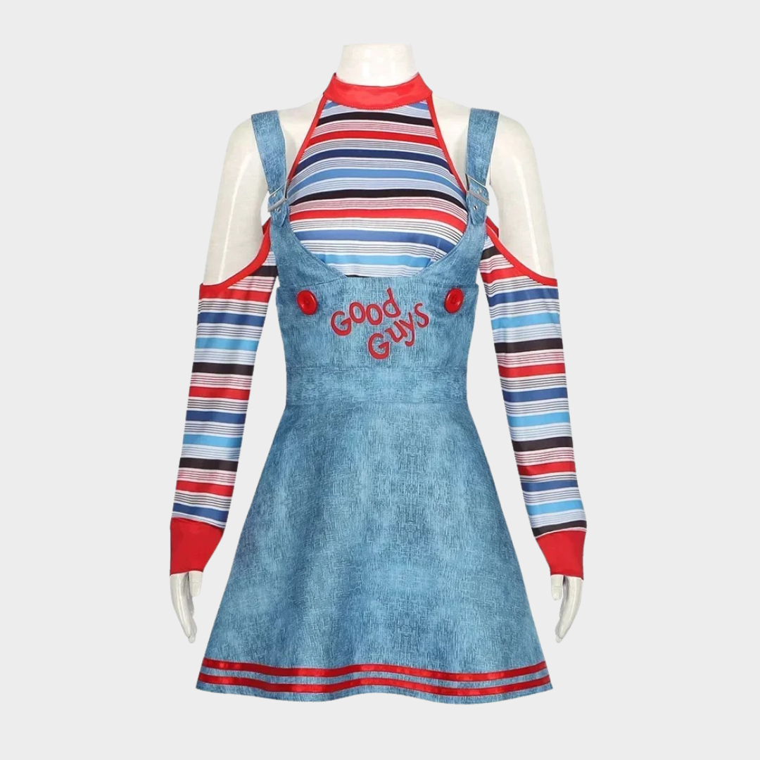 Women Chucky Doll Halloween Costume – Cosplay Dress Inspired by Horror Ghost Doll Outfit – Carnival Party Fancy Dress Uniform – Blue