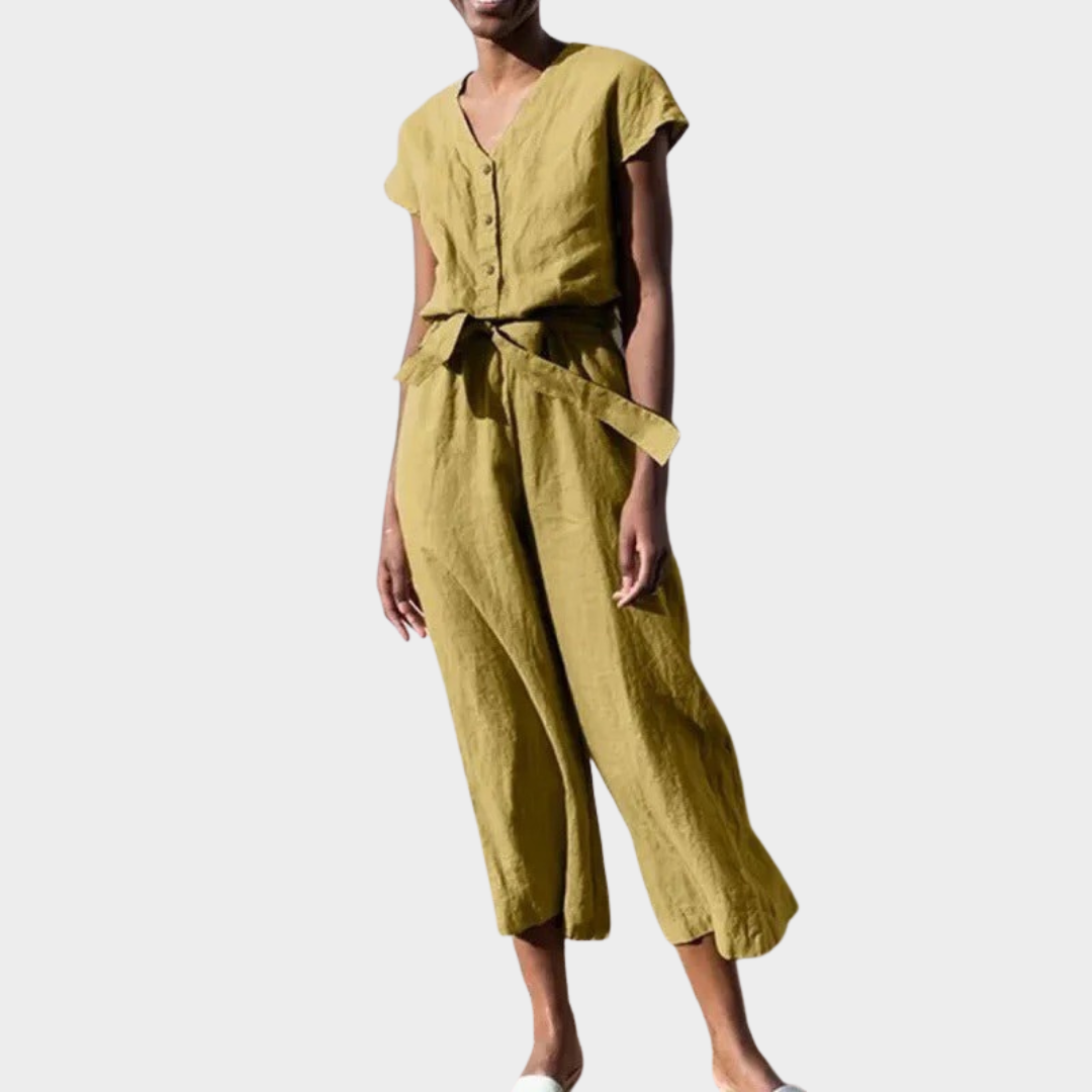 Women's Jumpsuit – Cotton Blend V-Neck Short Sleeve with Belted Waist and Cropped Leg – Relaxed Fit – Multiple Colours