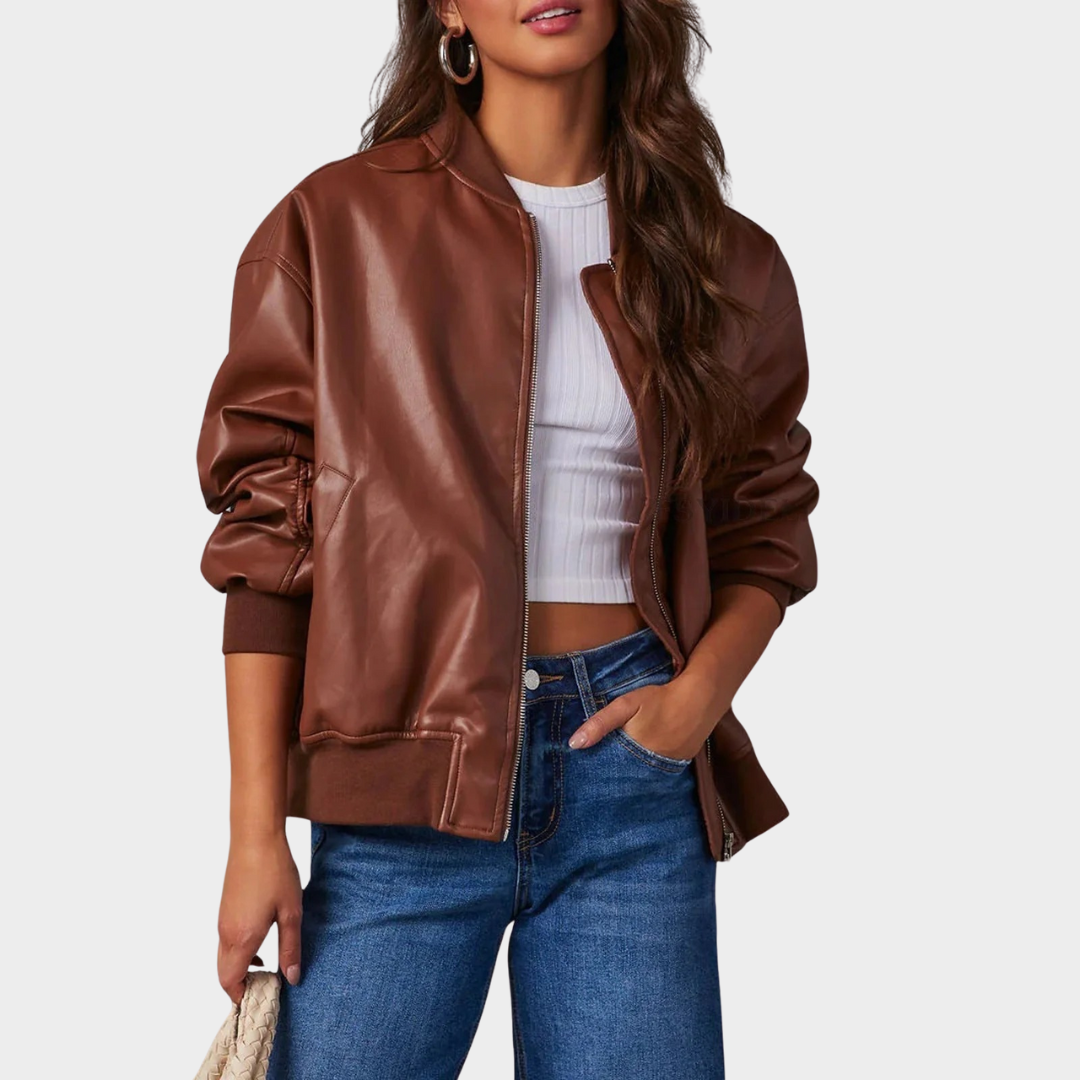 Women’s Relaxed Fit Bomber Jacket – Leather Look Zip Front Outerwear with Ribbed Trim – Multiple Colours