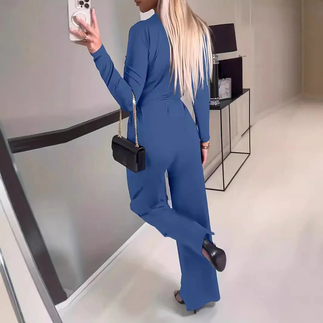 Women’s Long Sleeve Jumpsuit – V-Neck Slim Fit – Lace-Up Waist – Full-Length Pants – Soft Stretch Fabric – Multiple Colours