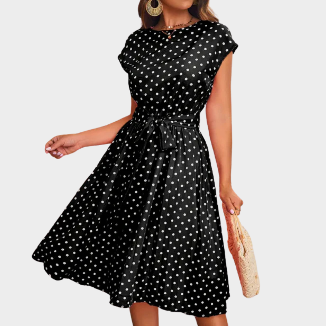 Women's Polka Dot Midi Dress – Round Neck Short Sleeves – Bow Knot Waist – Soft Lightweight Fabric – Multiple Colours
