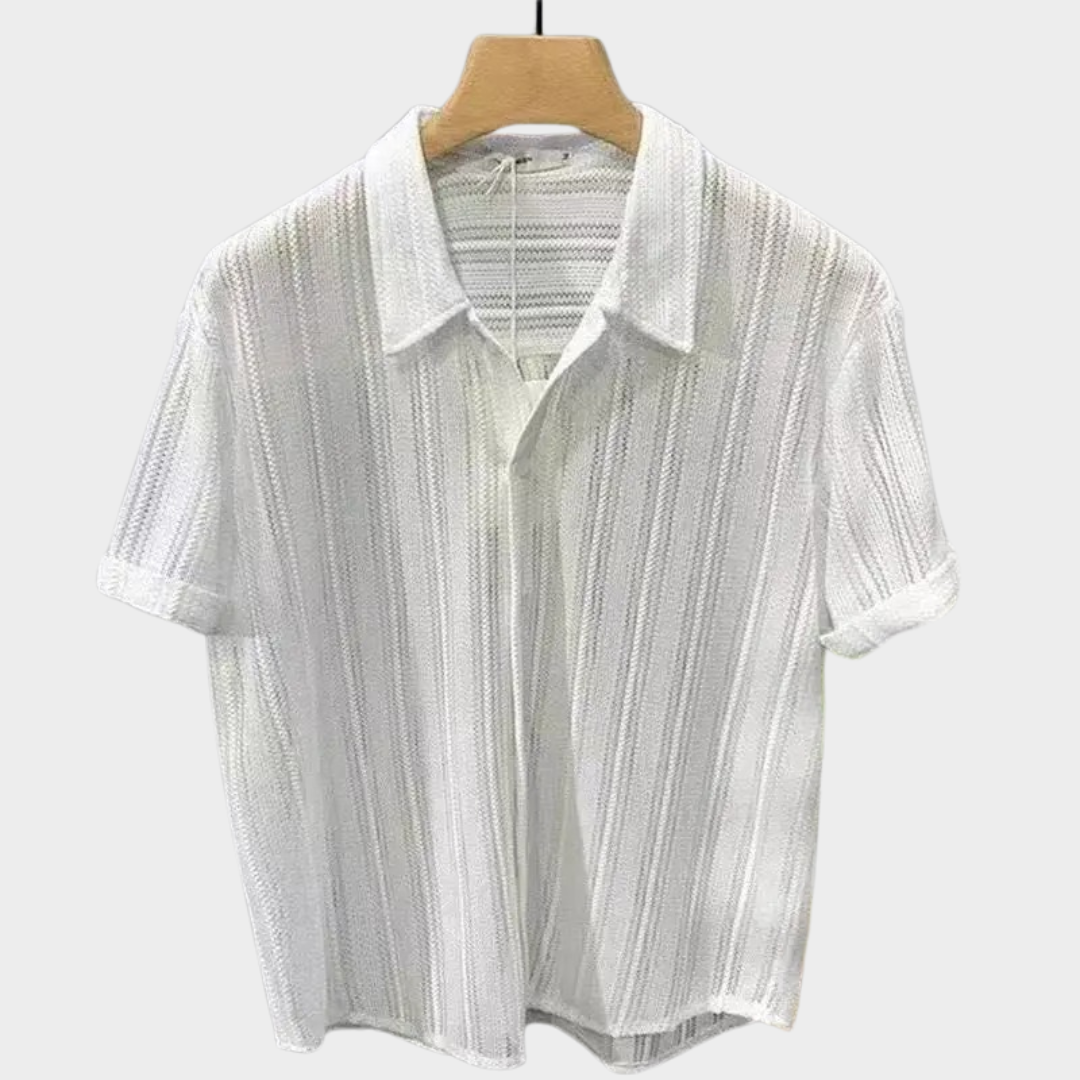 Men’s Short Sleeve Knitted Shirt – Hollow Out Cardigan Style with Buttoned Lapel – Lightweight Comfortable Fit – Multiple Colours