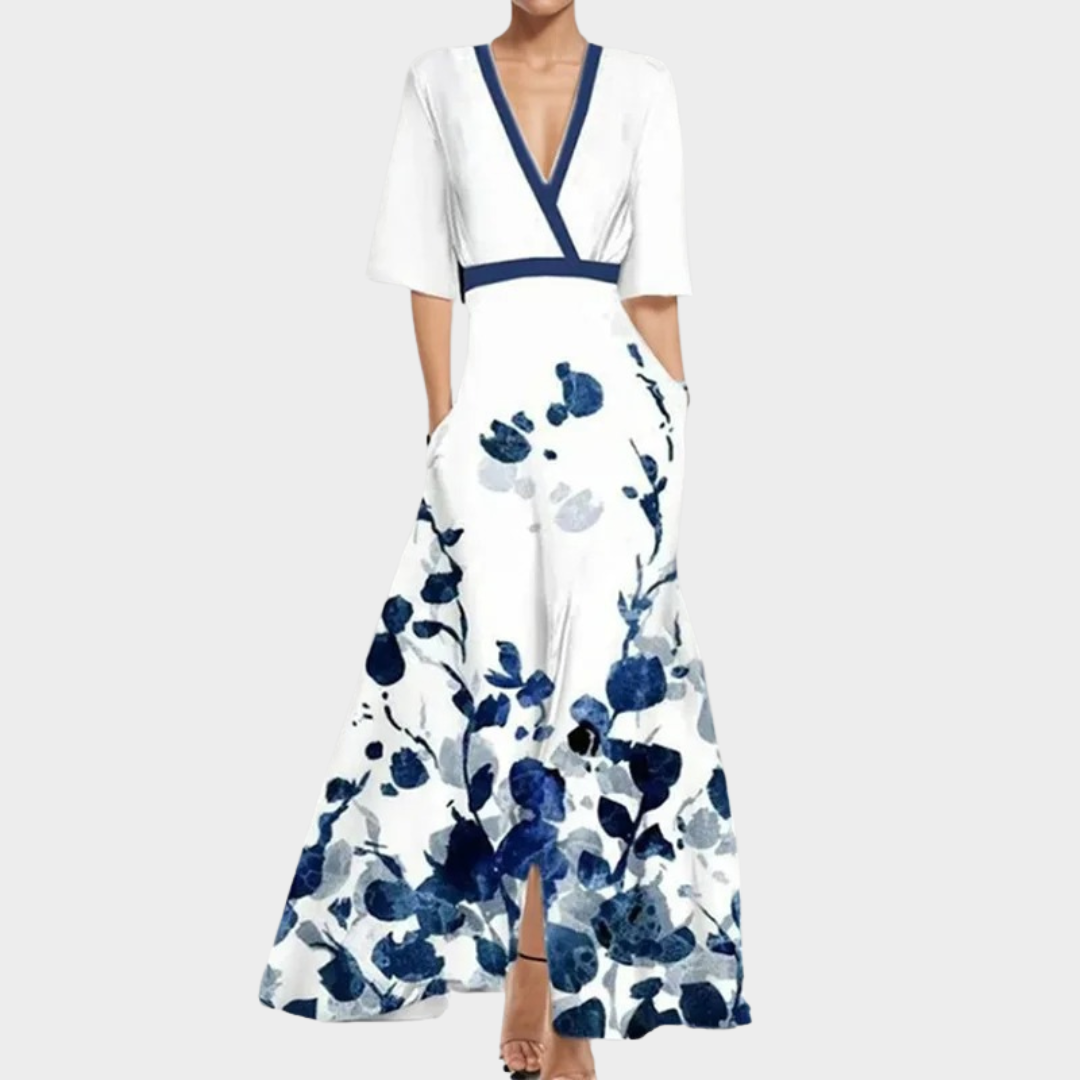 Women's V-Neck Maxi Dress – Short Sleeve – Printed – White