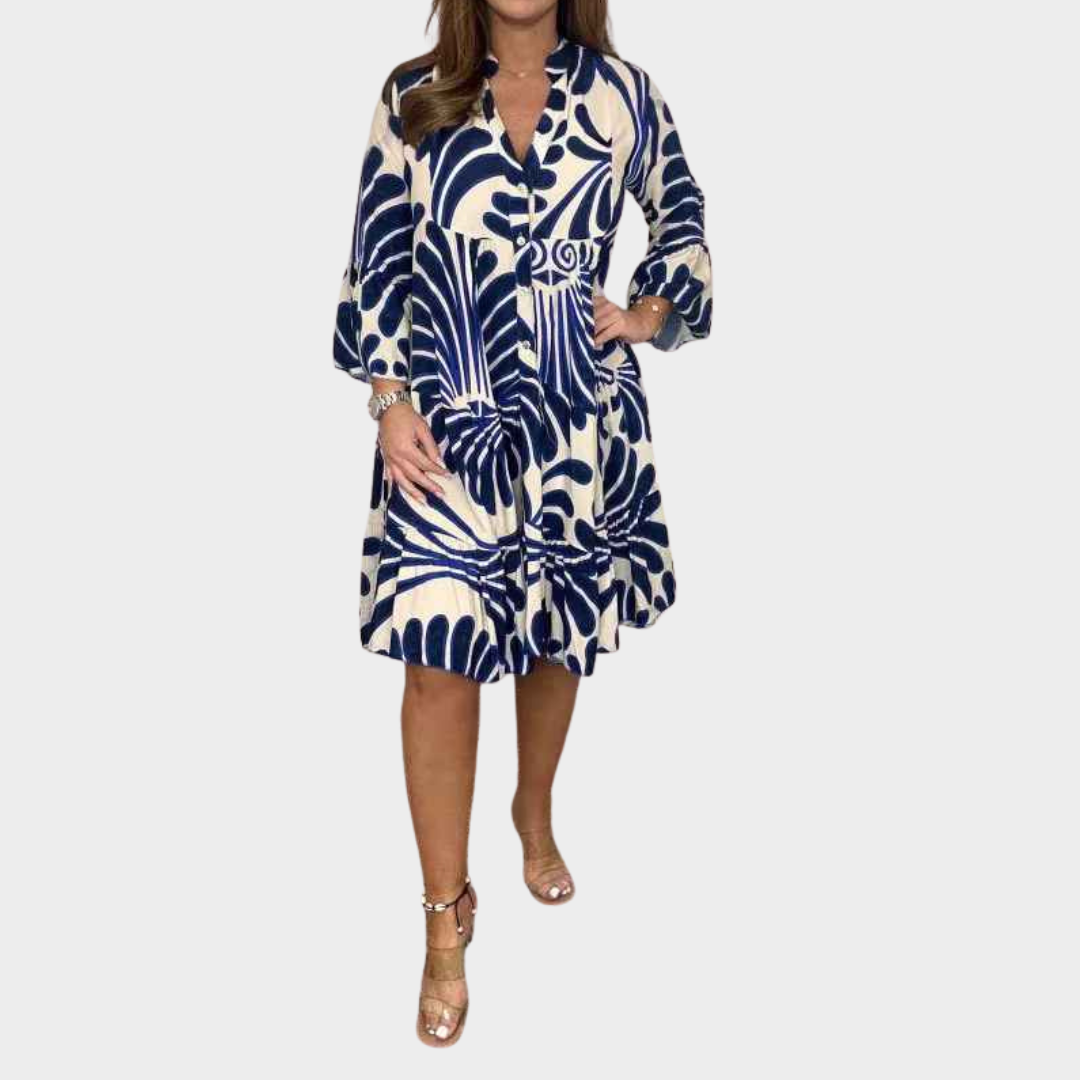 Women's Dress – V-Neck A-Line Long Sleeve Button Detail Loose Fit Cotton Blend – Multiple Colours