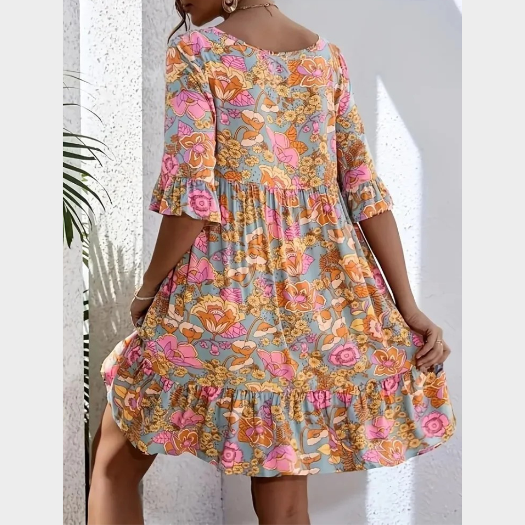 Women Floral Short Sleeve Dress – Loose Fit – Ruffle Hem – Lightweight Bohemian Style – Multicolour