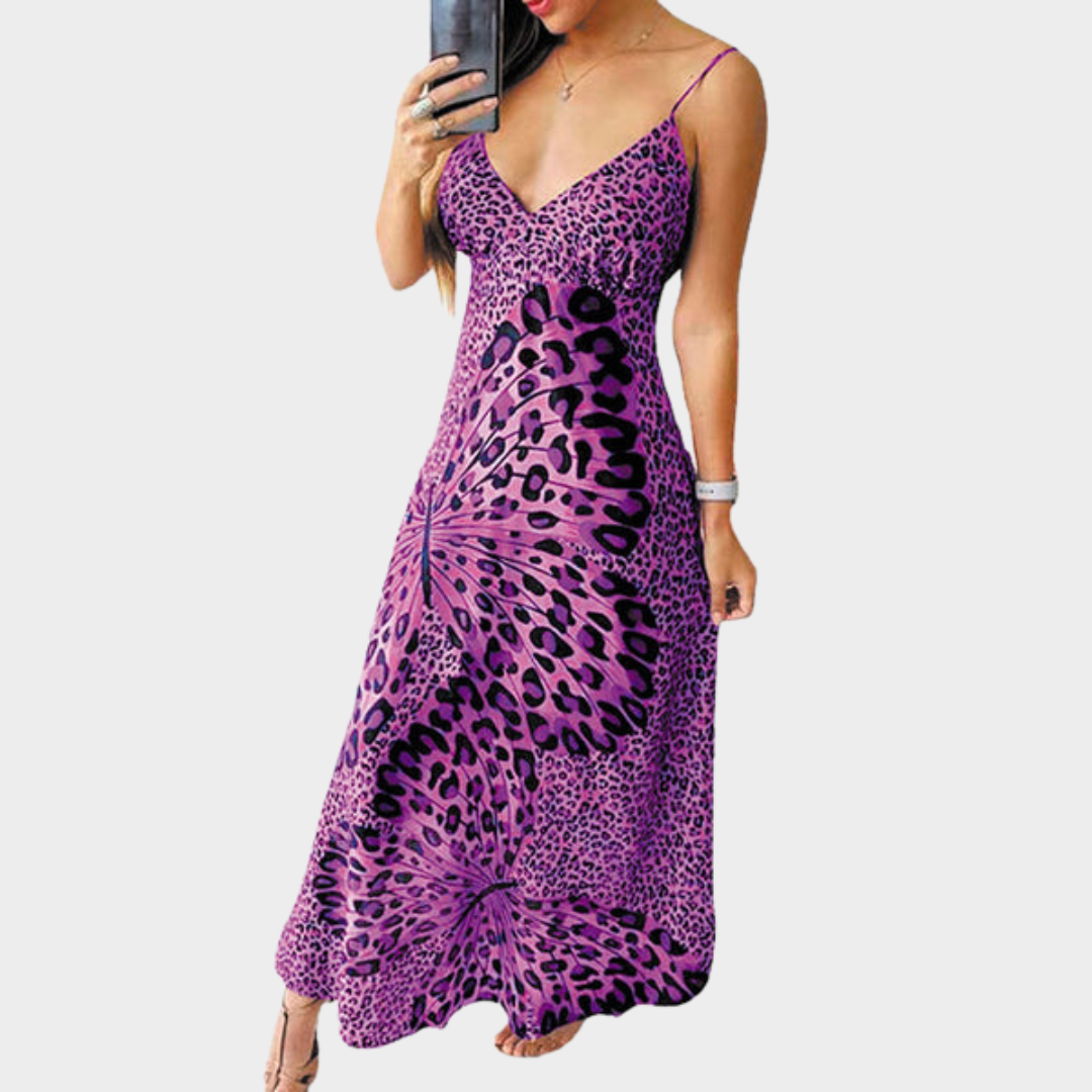 Women's Maxi Dress – Leopard & Butterfly Print – V-Neck Corset – Sleeveless – Multiple Colours